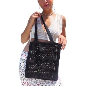 Handcraftes Rhinestone Crochet Open Knit Black Farmers Market Bag Beachy Y2K